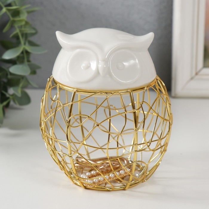 Шкатулка металл, керамика  Шкатулка металл, керамика "Филин. Каракули" белая 10х10х11,5 см