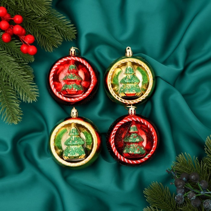 Набор шаров пластик d-8 см, 4 шт Набор шаров пластик d-8 см, 4 шт "Праздник" красный золото