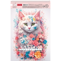 Альбом д/рис А4, 24л на гребне Spring cat, обл метал карт, бл 100 г/м2, МИКС