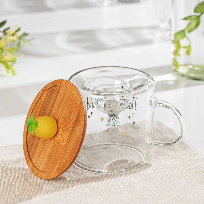 Кружка стеклянная с деревянной крышкой &laquo;Ананасик&raquo;, 300 мл