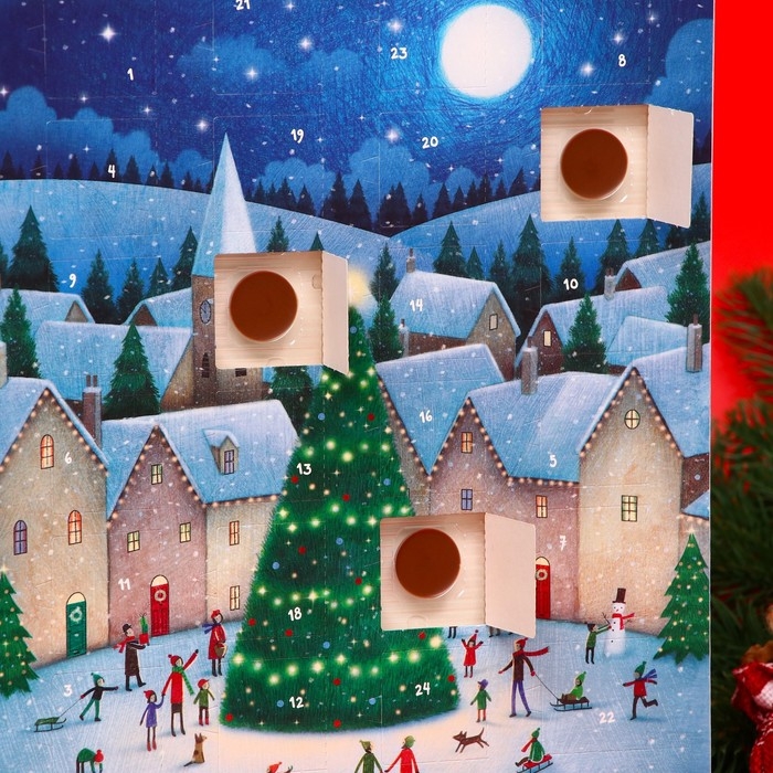 Новый год. Адвент-календарь с мини-плитками из молочного шоколада Новый год. Адвент-календарь с мини-плитками из молочного шоколада "Новогодние забавы", 50 г