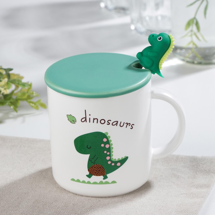 Кружка керамическая с крышкой и ложкой «Дино», 320 мл, рисунок МИКС Кружка керамическая с крышкой и ложкой «Дино», 320 мл, рисунок МИКС