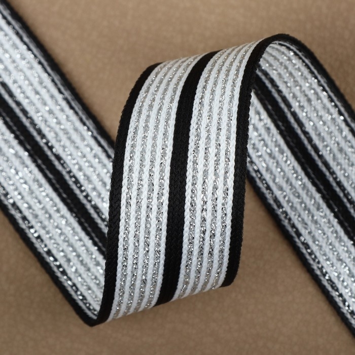 Тесьма трикотажная лампас 25 мм, 9,1 ± 0,5 м, цвет чёрный/белый