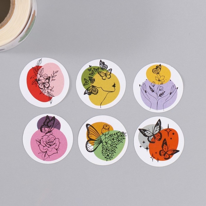Наклейка бумага Наклейка бумага "Бабочки и цветы. Абстракция" d=2,5 см 252 шт в рулоне