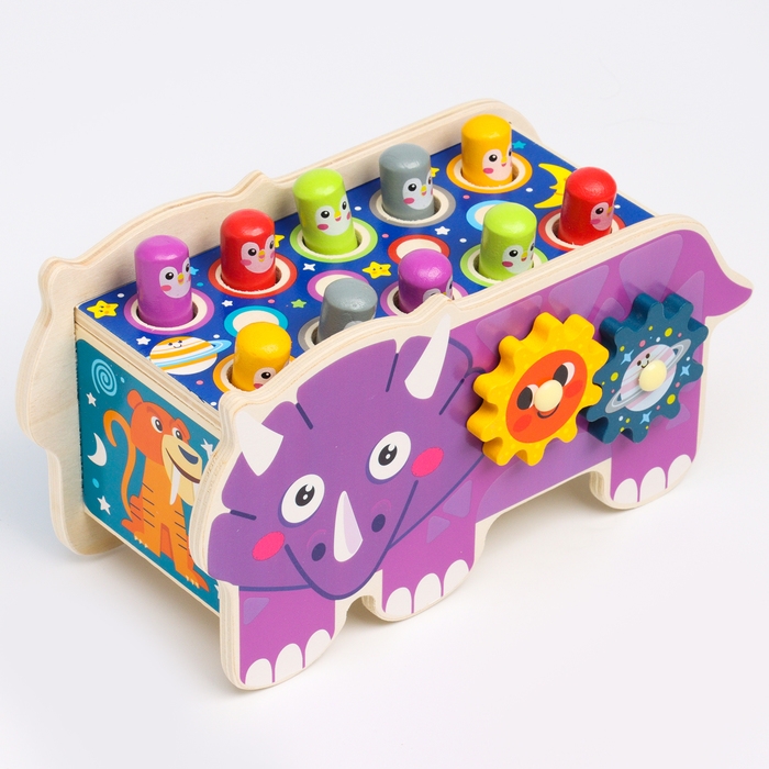 Детский логический центр двусторонний «Носорог» 2 в 1 (стучалка, крутилки) 24 × 10 × 14 см