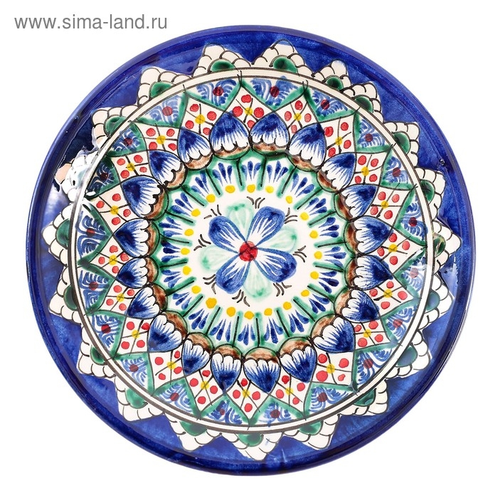 Тарелка Риштанская Керамика Тарелка Риштанская Керамика "Цветы", синяя, плоская, 15 см
