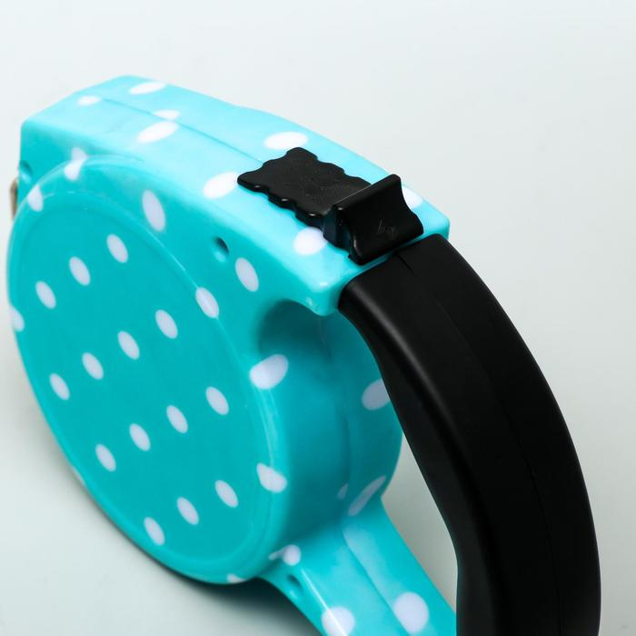 Рулетка с поводком-лентой, резиновая ручка, 5 м, вес животного до 15 кг, голубая в горошек