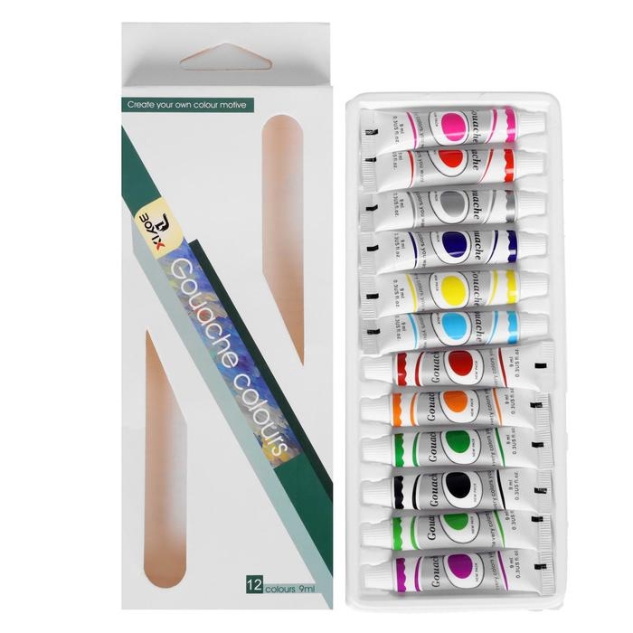 Краски гуашь, 12 цветов, в пластиковой тубе, 9 мл, в картонной коробке Краски гуашь, 12 цветов, в пластиковой тубе, 9 мл, в картонной коробке