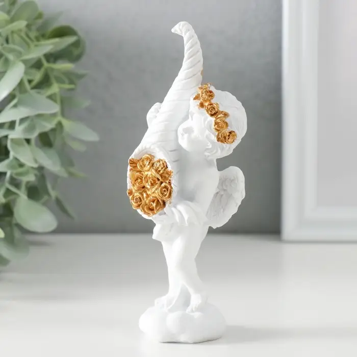 Фигурка полистоун &laquo;Белоснежный ангел с рогом с розами&raquo;, 5.5&times;4.5&times;13.5 см