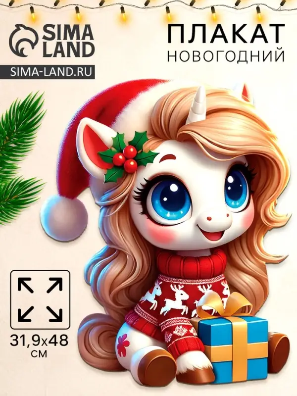 Плакат «С новым годом», лошадка с подарком, 39,1 х 48 см