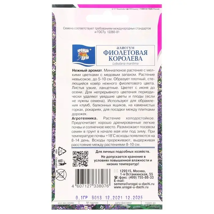 Семена цветов Алиссум  Семена цветов Алиссум "Фиолетовая королева", 0,1 г