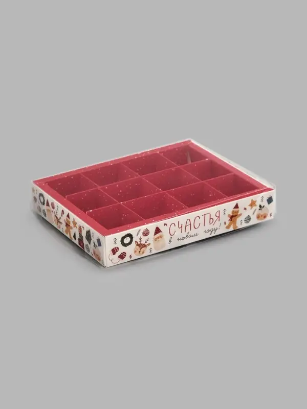 Коробка под 12 конфет с ячейками &laquo;Сачстья в новом году!&raquo;, 14.5&times;18.5&times;3 см