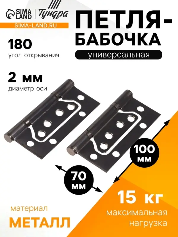 Петля-бабочка ТУНДРА, 100&times;70&times;2.0 мм, универсальная, без врезки, графит, 2 шт.