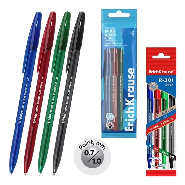 Набор шариковых ручек ErichKrause R=301 Original Stick, 4 цвета, узел 0.7 мм, МИКС
