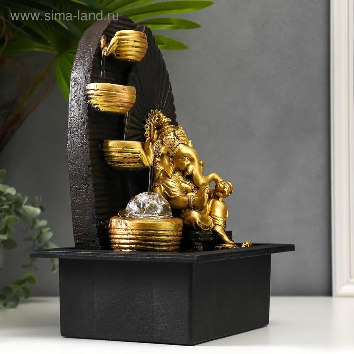 Фонтан настольный от сети, подсветка Фонтан настольный от сети, подсветка "Золотой Ганеша у водопада с чашами" 35х25х20 см