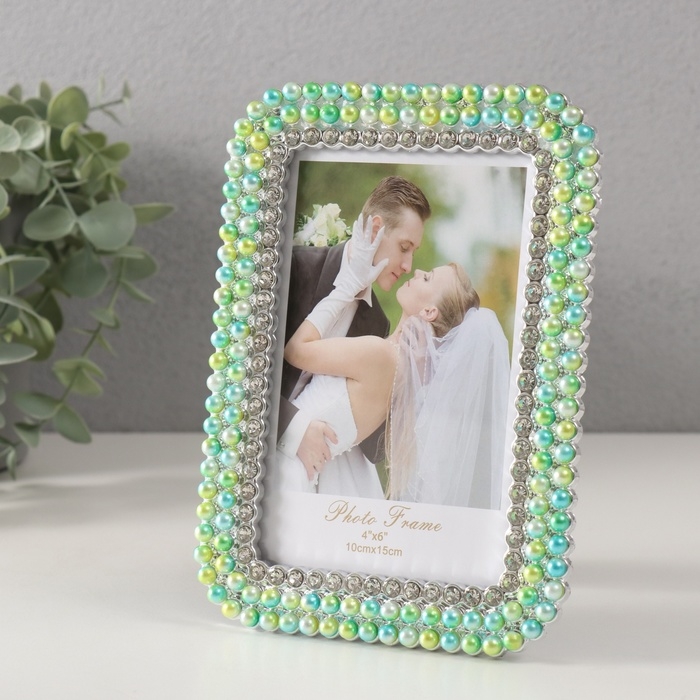 Фоторамка пластик 10х15 см Фоторамка пластик 10х15 см "Зелёно-голубой жемчуг стразы" закруглённые углы 1,8х12,5х17,5 см 10527