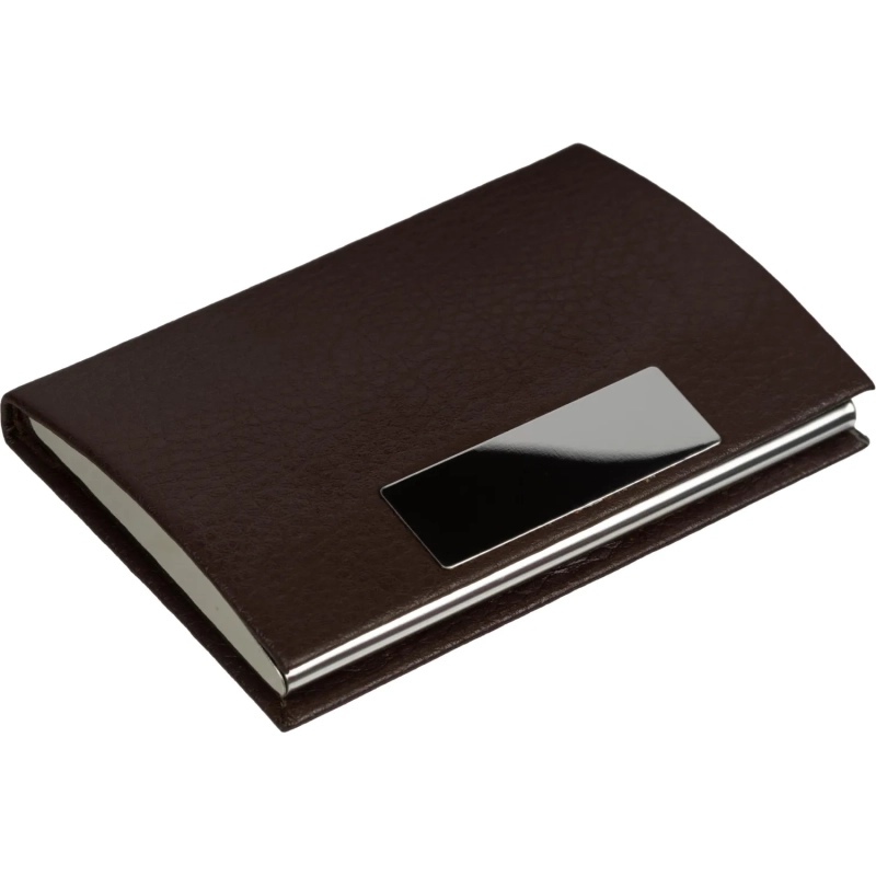 Визитница на 20 визиток металл/экокожа с шильдом д/гравировки коричн, 80106