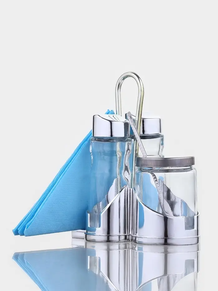 Набор для специй Доляна &laquo;Стиль&raquo;, 3 предмета: сахарница с ложкой 80 мл, солонка и перечница 50 мл, подставка-салфетница, стекло, прозрачный