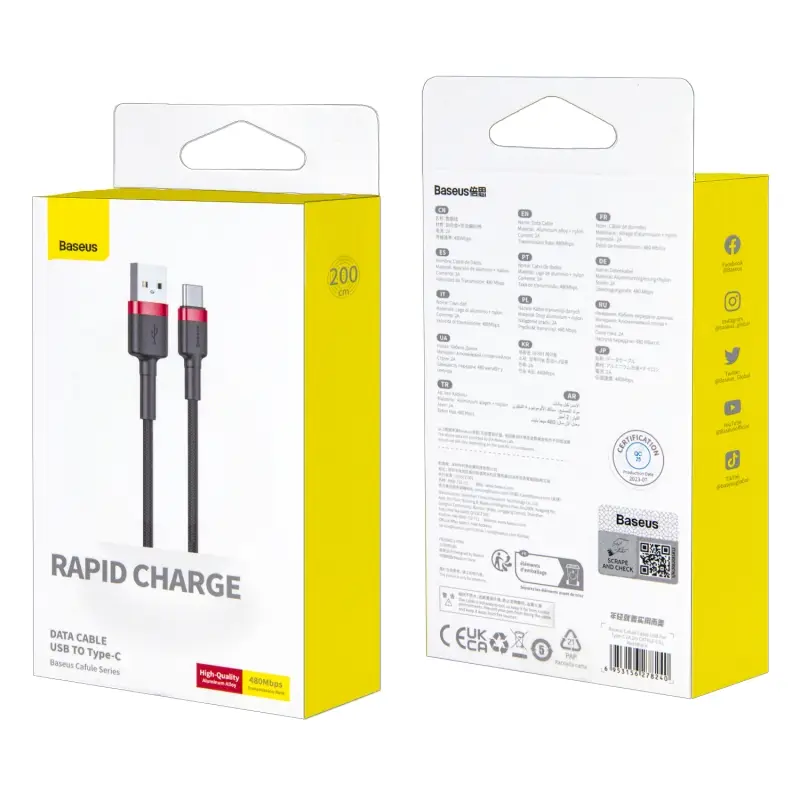 Кабель USB Type-C 2M 2A Cafule Cable Baseus черный CATKLF-C91