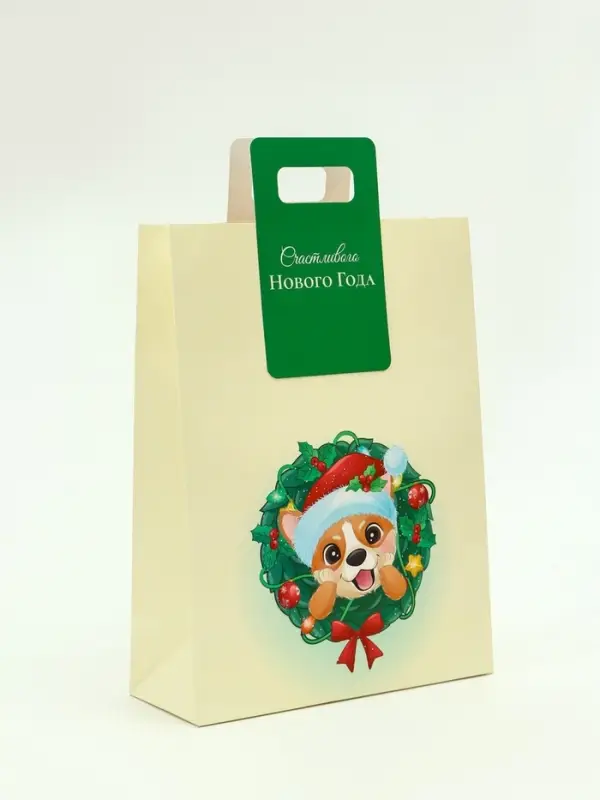 Пакет подарочный с вырубной ручкой «Новогодний корги» 30×40×12 см, зеленый Пакет подарочный с вырубной ручкой «Новогодний корги» 30×40×12 см, зеленый
