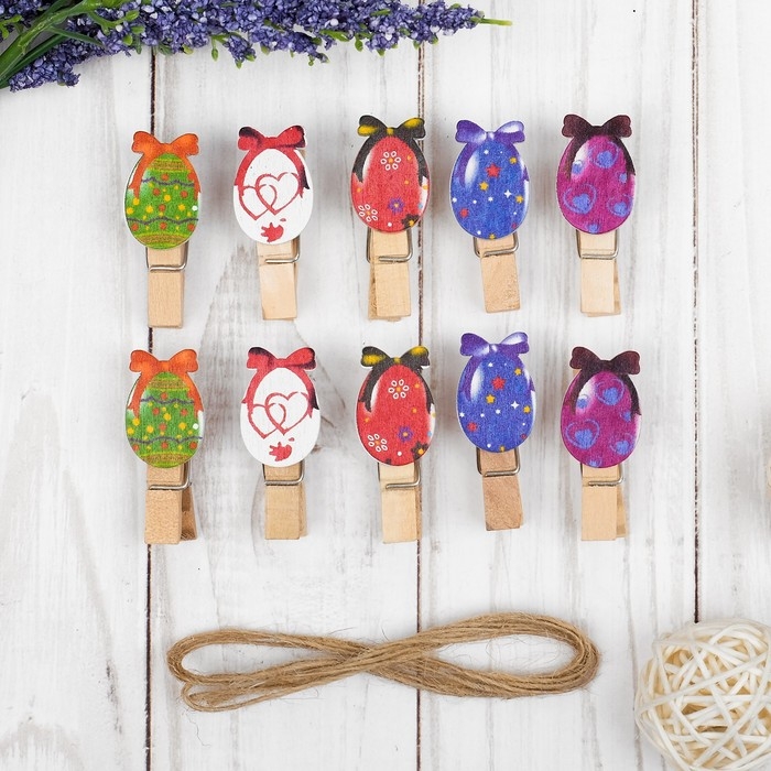 Прищепки декоративные с верёвкой для подвеса «Пасхальные яйца» набор 10 шт. Прищепки декоративные с верёвкой для подвеса «Пасхальные яйца» набор 10 шт.