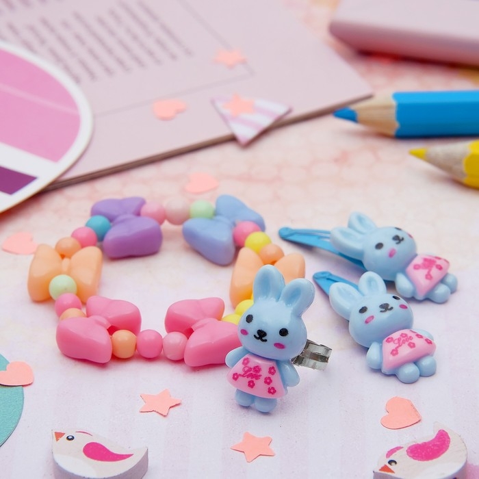 Набор детский «Выбражулька» 4 предмета: 2 заколки, браслет, кольцо «Бантики», цвет МИКС, форма МИКС Набор детский «Выбражулька» 4 предмета: 2 заколки, браслет, кольцо «Бантики», цвет МИКС, форма МИКС