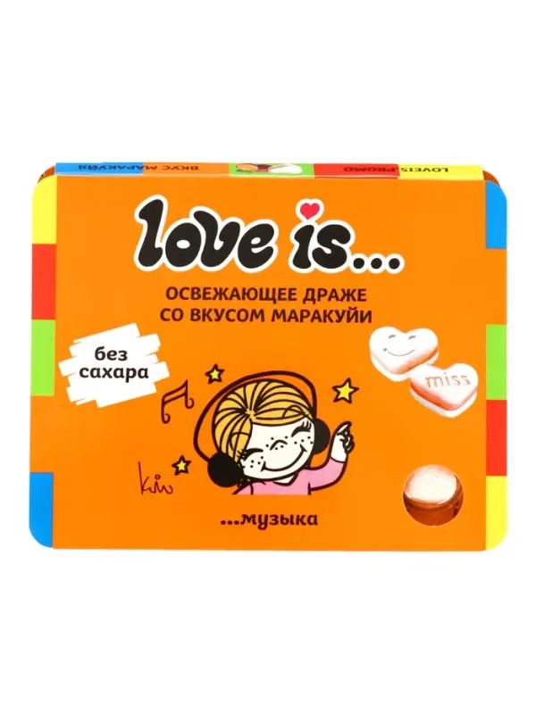 Освежающие конфеты LOVE IS&hellip; в форме сердца со вкусом маракуйя, в блистере и обечайке, 10.8 г