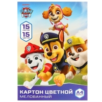 Картон цветной, А4, 15 листов, 15 цветов, мелованный, односторонний, в папке, 220 г/м², Щенячий патруль