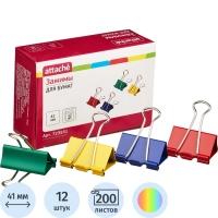 Зажимы для бумаг Attache, 41 мм, 12 шт., цветные, в карт.коробке