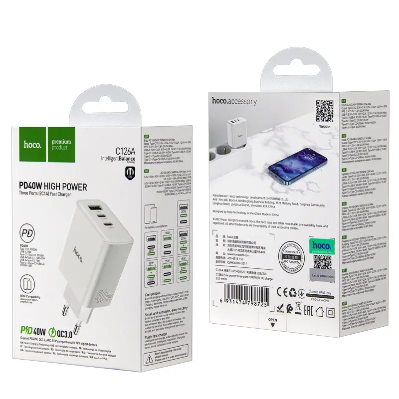 Переходник сетевого зарядного устройства на 2 Type-C PD40W + USB QC3.0  C126A HOCO белый
