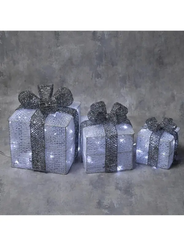 Светодиодная фигура &laquo;Подарки с серой лентой&raquo; 15, 20, 25 см, текстиль, металл, 220 В, 8 режимов, свечение белое