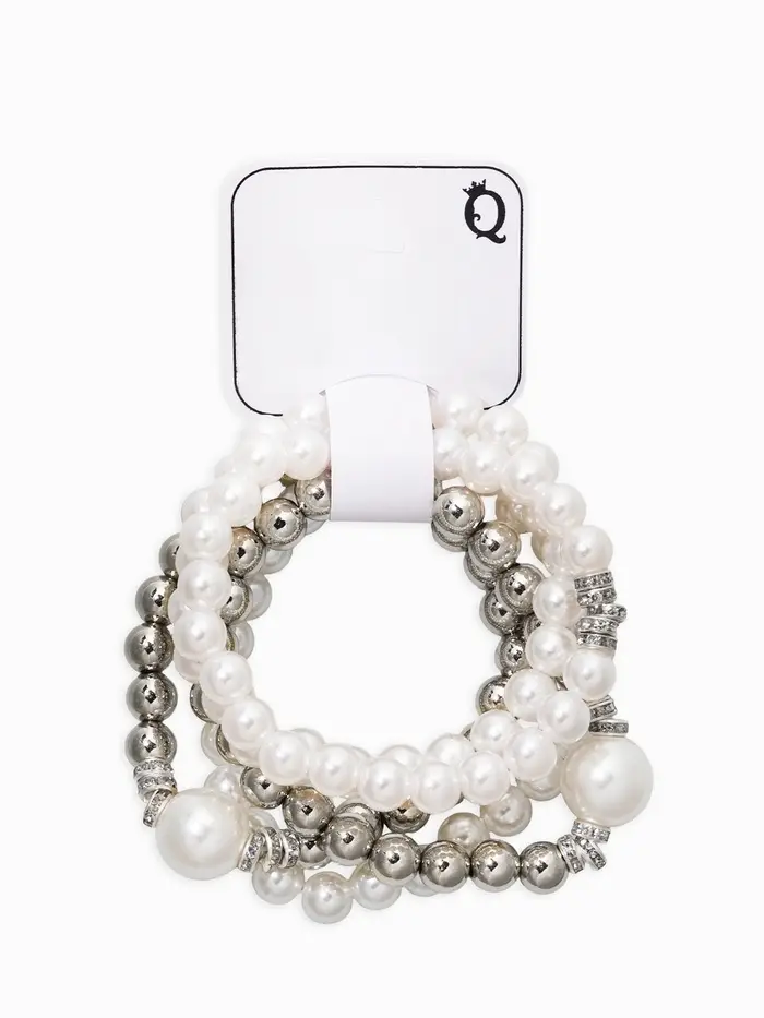 Браслет "Стильный жемчуг" (набор 5шт), №8/16, цвет белый в серебре