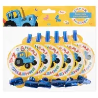 Карнавальные язычки гудки "Синий трактор" С Днем Рождения! "11 см, 6 шт.