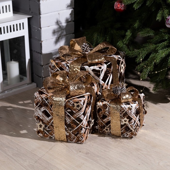 Светодиодная фигура «Подарки лесные» 15, 20, 25 см, текстиль, металл, батарейки ААх2 (не в комплекте), свечение тёплое белое