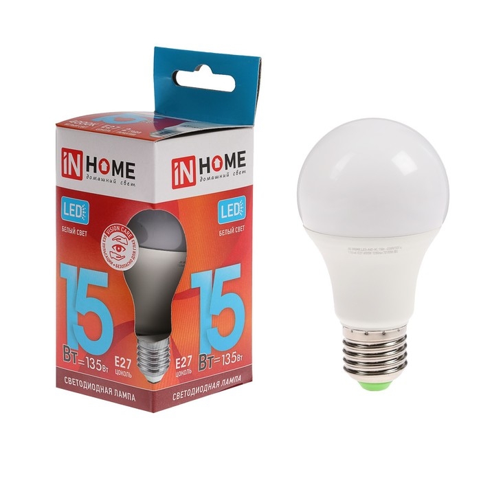 Лампа светодиодная IN HOME LED-A60-VC, Е27, 15 Вт, 230 В, 4000 К, 1430 Лм Лампа светодиодная IN HOME LED-A60-VC, Е27, 15 Вт, 230 В, 4000 К, 1430 Лм