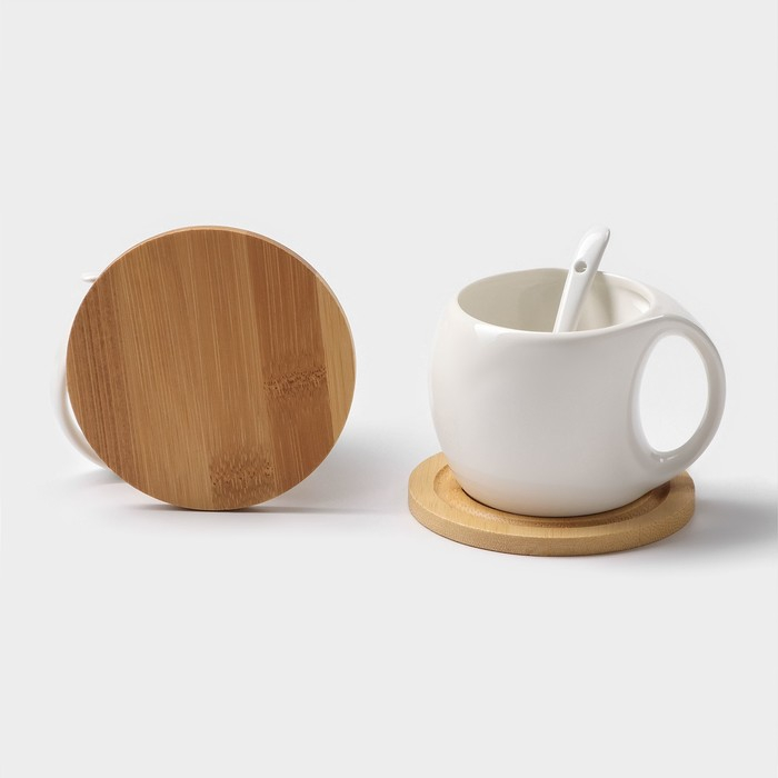 Набор чайный керамический на деревянной подставке «Эстет», 6 предметов: 2 чашки 200 мл, 2 подставки 9,5 см, 2 ложки, цвет белый Набор чайный керамический на деревянной подставке «Эстет», 6 предметов: 2 чашки 200 мл, 2 подставки 9,5 см, 2 ложки, цвет белый