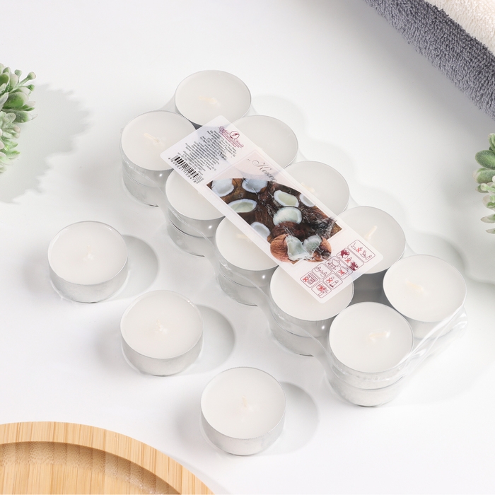 Набор чайных свечей ароматических в термоусадке Набор чайных свечей ароматических в термоусадке "Кокос", 3,8х1,6 см, 3,5 ч, 12 г, 20 штук