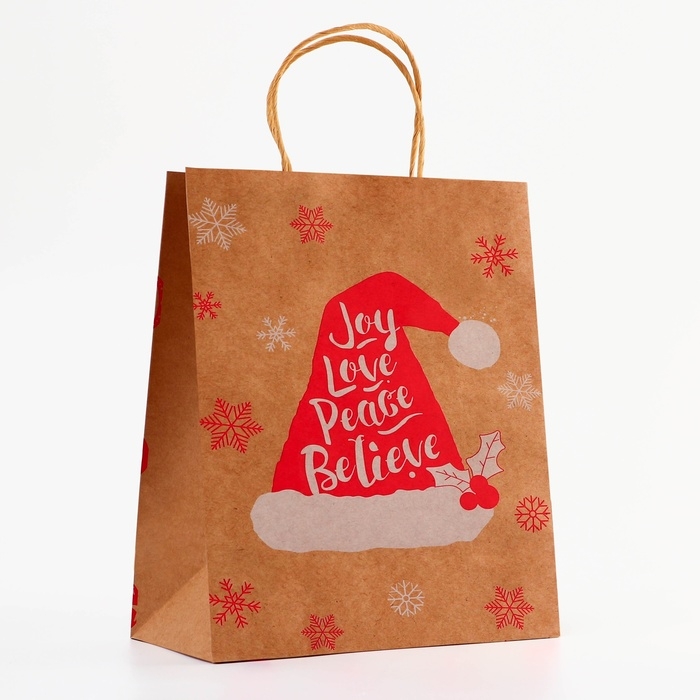 Пакет крафт с тиснением, круглая ручка, Пакет крафт с тиснением, круглая ручка, "Колпак" 33 х 25 х 12 см, 120 г