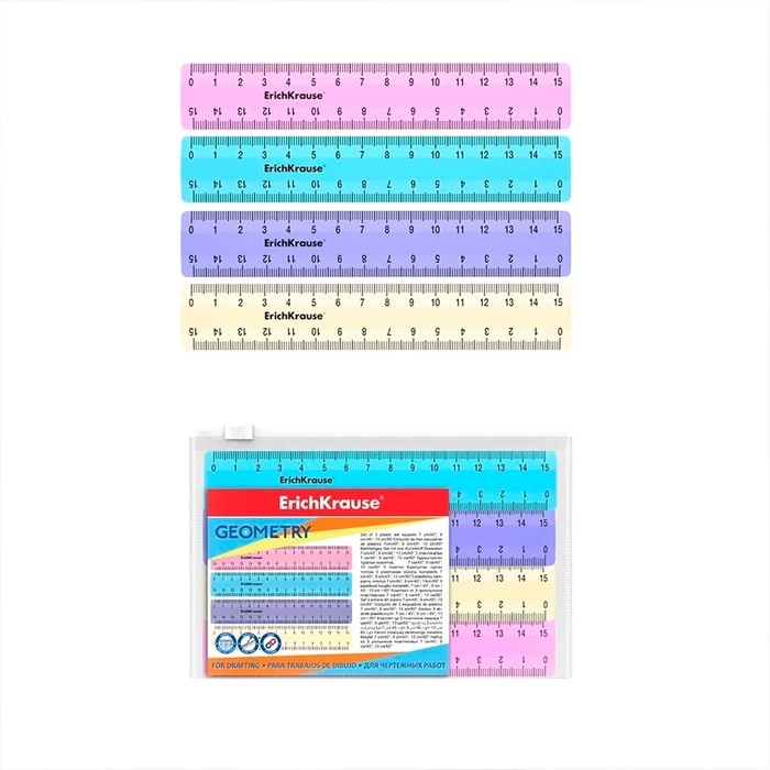 Набор линеек 4 штуки, 15 см, ErichKrause "Pastel", МИКС, zip-пакет в ПОДАРОК!