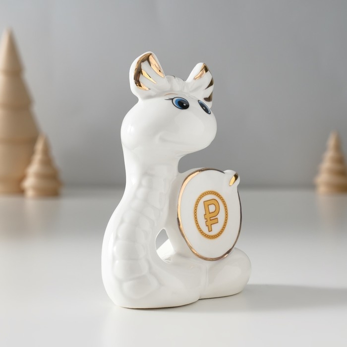 Сувенир керамика Сувенир керамика "Белая змейка с бантиком, с монеткой $" с золотом 3х7,5х9,3 см