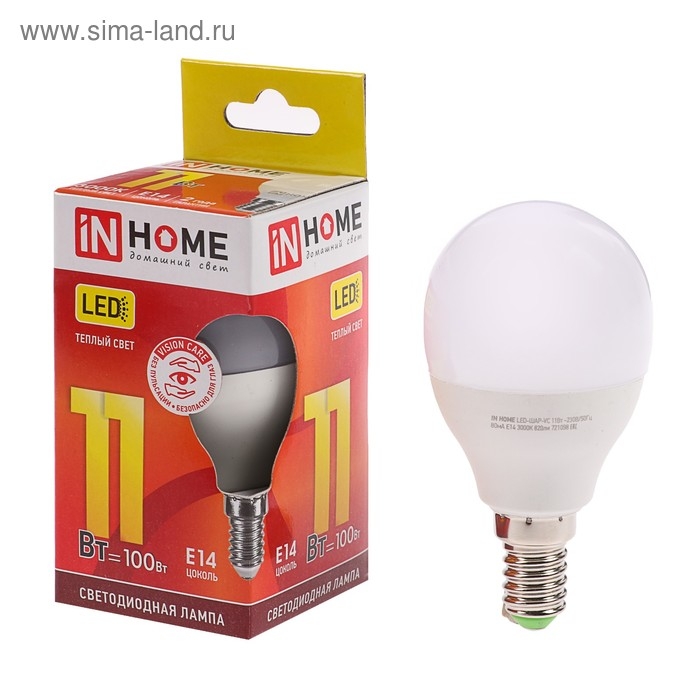Лампа светодиодная IN HOME LED-ШАР-VC, Е14, 11 Вт, 230 В, 3000 К, 990 Лм Лампа светодиодная IN HOME LED-ШАР-VC, Е14, 11 Вт, 230 В, 3000 К, 990 Лм