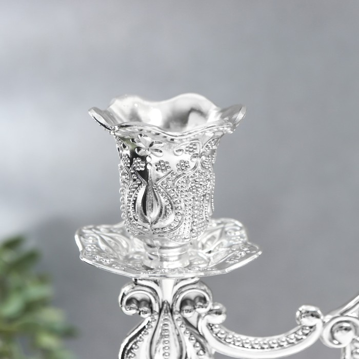 Подсвечник металл на 3 свечи "Узорный" серебро 10х25х26 см