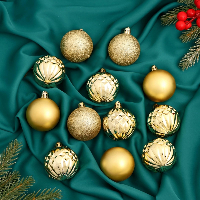 Набор шаров пластик d-5 см, 12 шт Набор шаров пластик d-5 см, 12 шт "Олимпия грани" золото