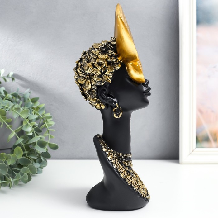 Сувенир полистоун бюст Сувенир полистоун бюст "Африканка с бабочкой на голове" чёрный с золотом 13х10х31,5 см