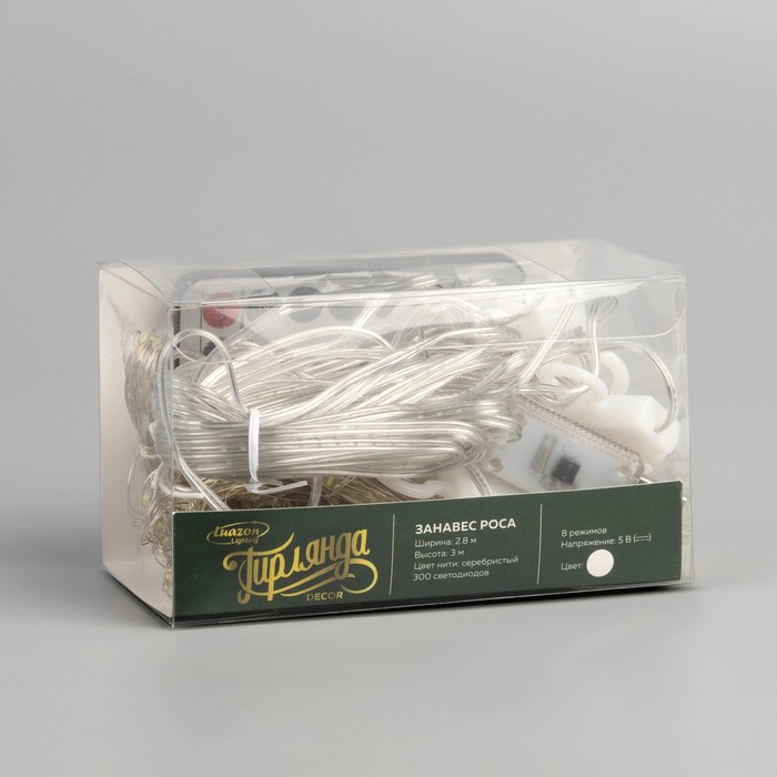 Гирлянда «Занавес» 2.8 × 3 м роса на крючках, с пультом, IP20, серебристая нить, 300 LED, свечение белое, 8 режимов, USB Гирлянда «Занавес» 2.8 × 3 м роса на крючках, с пультом, IP20, серебристая нить, 300 LED, свечение белое, 8 режимов, USB