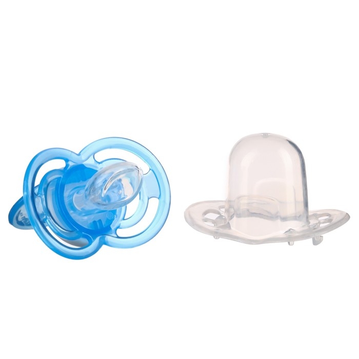 Соска - пустышка силиконовая ортодонтическая, от 12 мес., с колпачком, цвет голубой/белый Соска - пустышка силиконовая ортодонтическая, от 12 мес., с колпачком, цвет голубой/белый