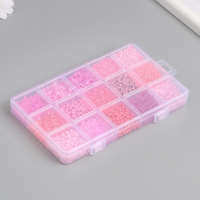 Бисер стекло 6/0, 8/0, 12/0 в шкатулке  Бисер стекло 6/0, 8/0, 12/0 в шкатулке "Розовый" стеклярус 15,5х9,5х1,6 см