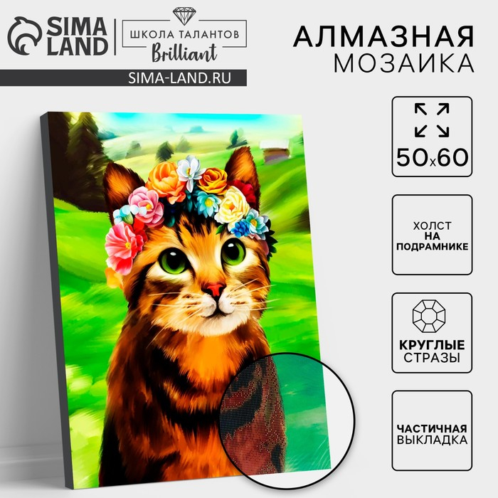 Алмазная мозаика с частичным заполнением на подрамнике «Кот в венке», 50 x 60 см