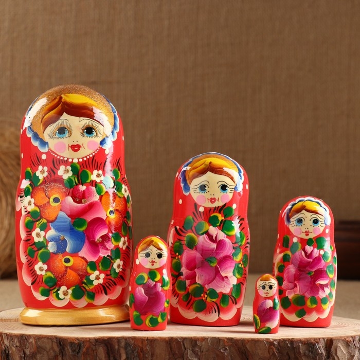 Матрёшка «Авдосья», красное платье, 5 кукольная, 18 см