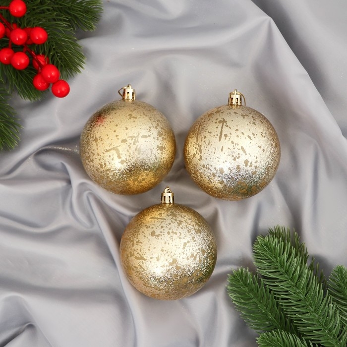 Набор шаров пластик d-8 см, 3 шт Набор шаров пластик d-8 см, 3 шт "Ретро" золото